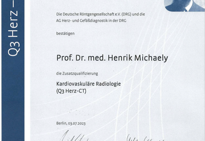 Prof. Dr. med. Henrik Michaely hat für die Herz-CT im Juli 2023 das Q3-Level, die höchste Zertifizierung, der Deutschen Röntgengesellschaft erlangt. 