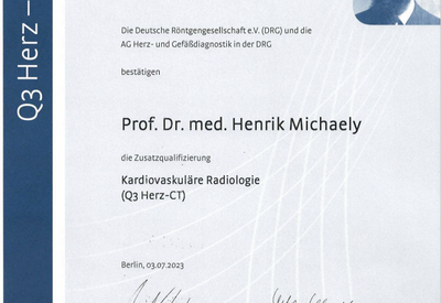 Prof. Dr. med. Henrik Michaely hat für die Herz-CT im Juli 2023 das Q3-Level, die höchste Zertifizierung, der Deutschen Röntgengesellschaft erlangt.