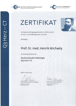 Prof. Dr. med. Henrik Michaely hat für die Herz-CT im Juli 2023 das Q3-Level, die höchste Zertifizierung, der Deutschen Röntgengesellschaft erlangt.